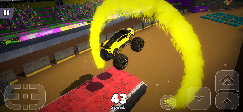 Off Road Mania: 4x4 Car Games - A yellow monster truck performing a stunt jump through a yellow ring of fire on a stadium track.