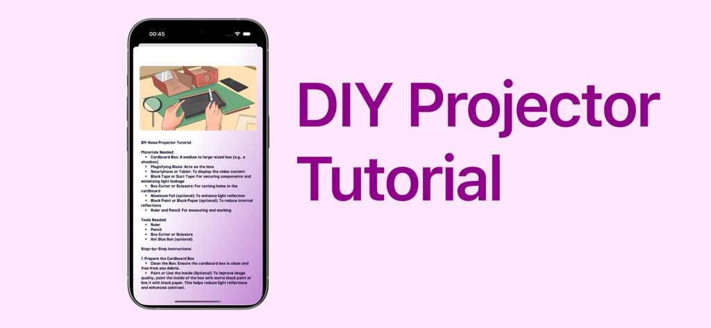 AR VideoLab - Aplicación AR VideoLab mostrando un tutorial de proyector casero DIY con instrucciones paso a paso