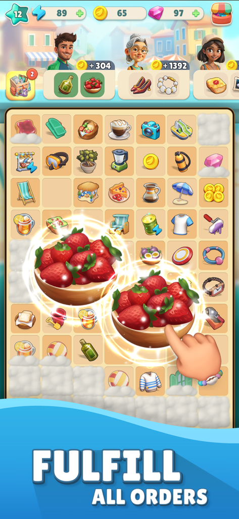 Cozy Coast: Merge Adventure - Gameplay screen of Cozy Coast Merge Adventure showing a hand merging items on a grid to fulfill character orders