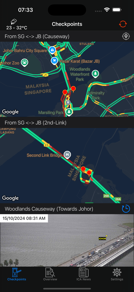 Real-time traffic maps and live camera feed for Woodlands Causeway and Tuas Second Link border checkpoints.