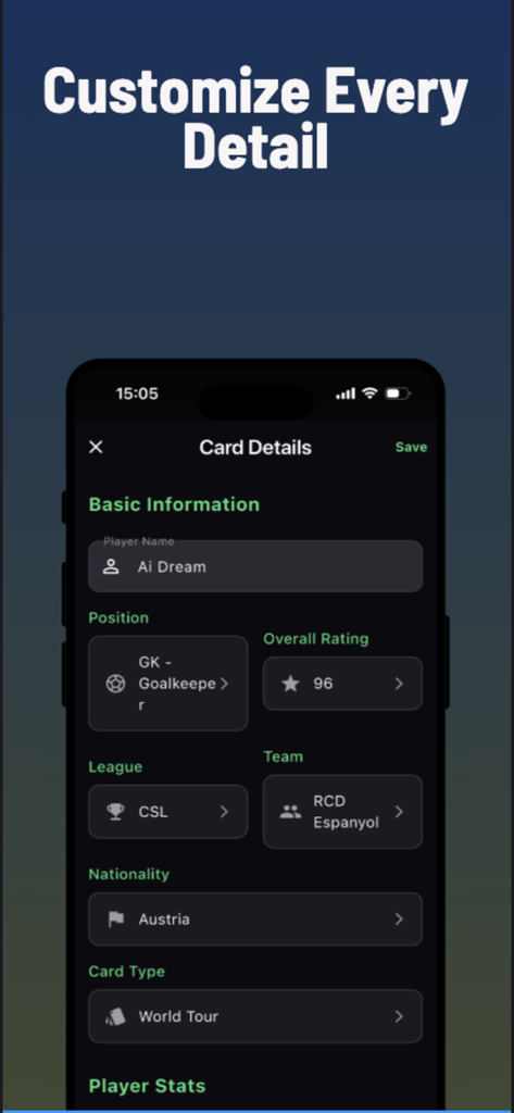 FC 26 Ai Card Generator - Mobile app interface showing options to customize player name, position, rating, and team for a football card
