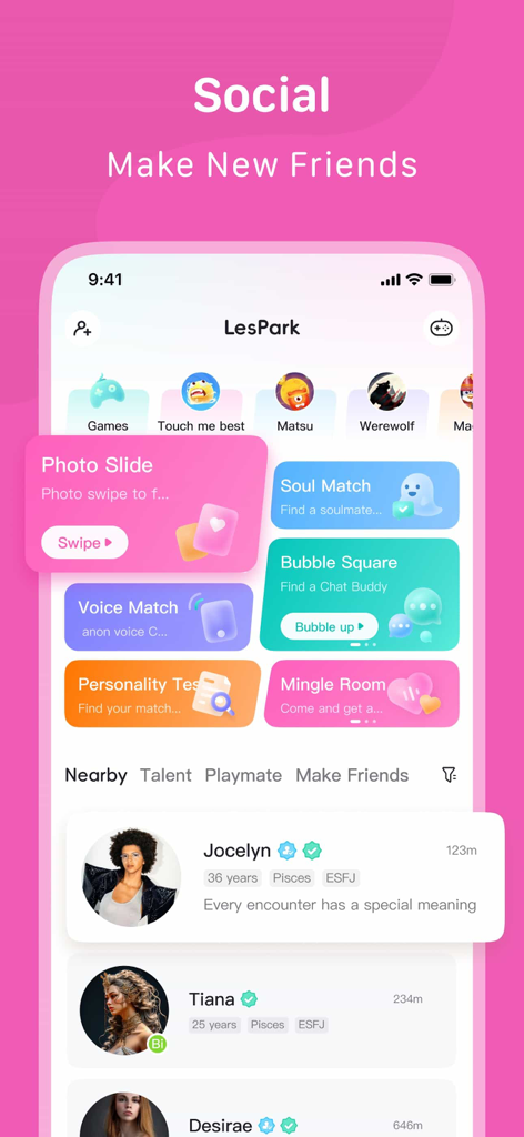 Pantalla social de la aplicación LesPark con juegos de emparejamiento y perfiles lesbianos verificados