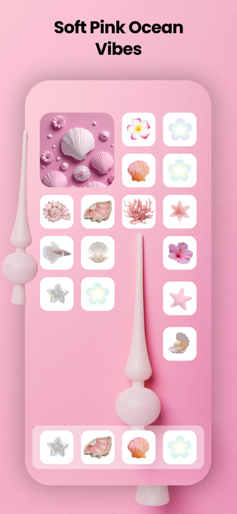 iPhone home screen with soft pink ocean theme featuring seashell icons and aesthetic widgets