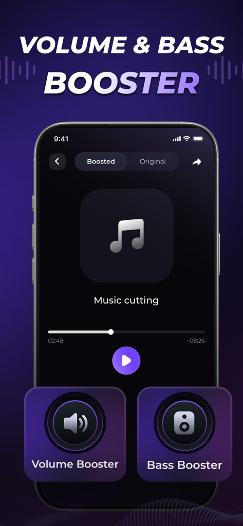 Music Booster: Louder Volume - Captura de tela do aplicativo Music Booster mostrando controles de volume e intensificador de graves em uma tela de smartphone.