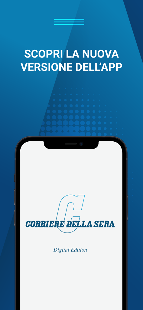 Um smartphone mostrando o logotipo da Edição Digital do Corriere della Sera com texto sobre a nova versão do aplicativo