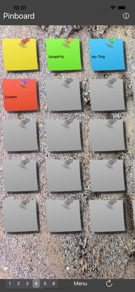 Digital pin-board app interface with colorful sticky notes and pushpins on a textured background