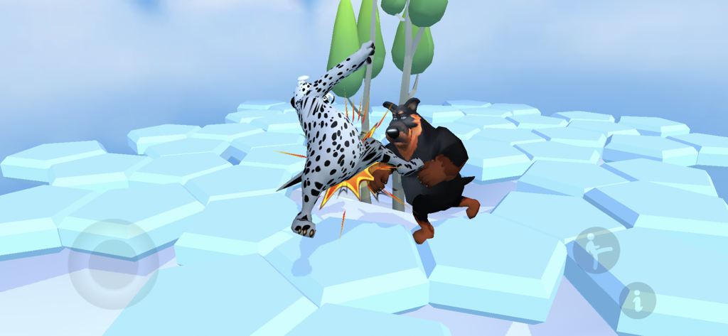 육각형 타일이 있는 래그돌 격투 아레나에서 큰 개를 발로 차는 달마시안 캐릭터