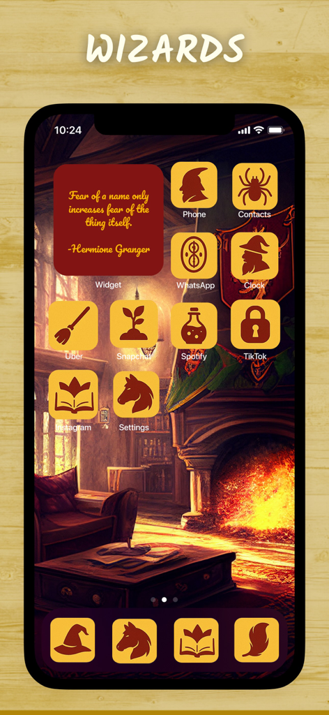 4k Wallpapers, Widgets: Plaw - Wizard themed iPhone home screen with custom magic wallpaper icons and a quote widget
