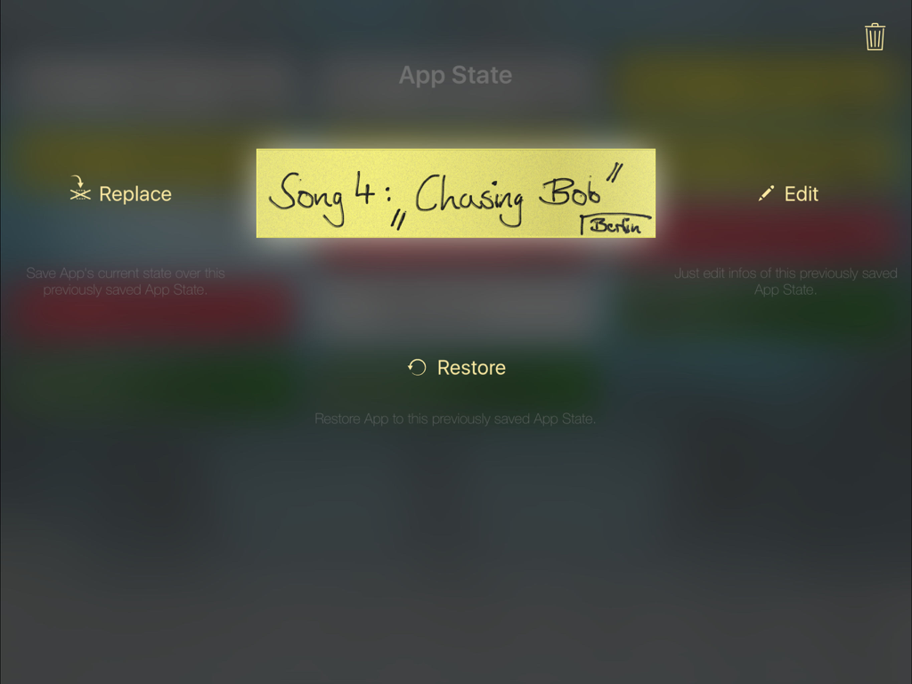 Interface for managing and restoring saved app state presets in Heavy Brass