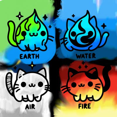 4 cats that represent the different elements, earth, water, air, and fire