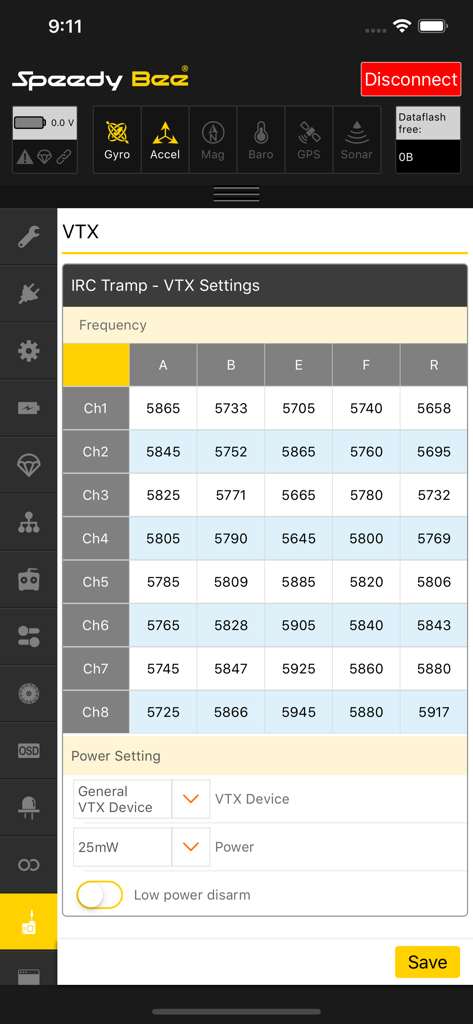 SpeedyBee app VTX frequency table and power settings for drone tuning