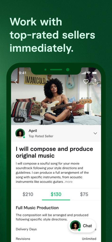Fiverr mobile app interface showcasing a music production service from a top rated seller.