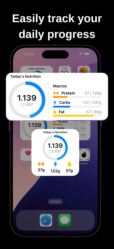 Calo: Calorie Tracker - Calo calorie tracker app widgets showing daily nutritional progress and macro breakdown on an iPhone home screen