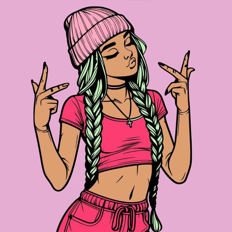 realistic teenage girl with braids and a beanie and crop top doing 🫶🏼