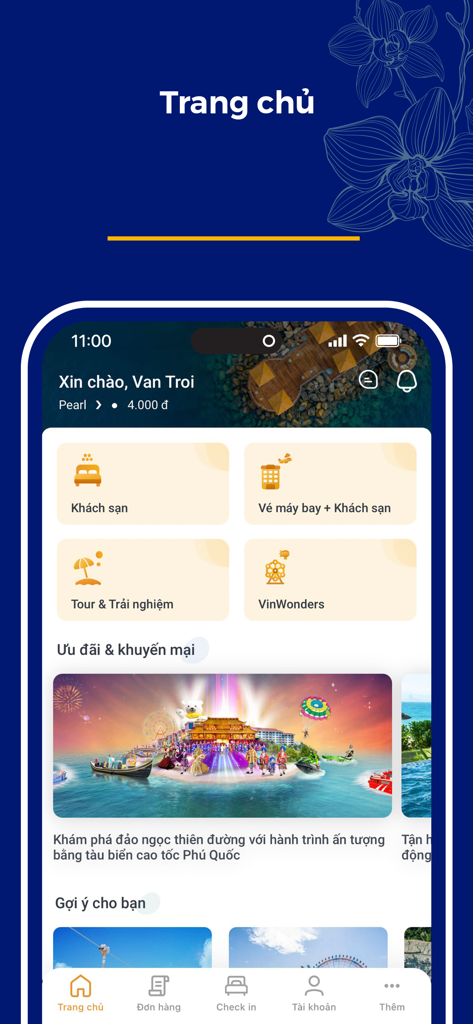 MyVinpearl mobile app dashboard showing hotel booking and travel experience options
