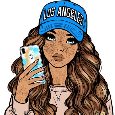 realistic beautiful girl wearing los ángeles cap holding an iphone