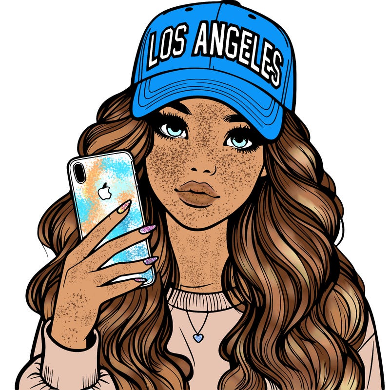 realistic beautiful girl wearing los ángeles cap holding an iphone