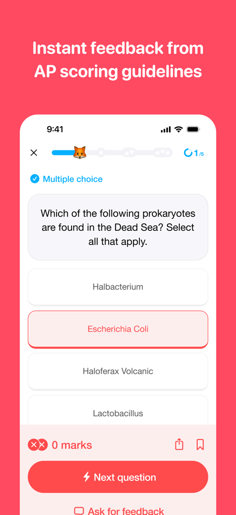 Medly - Ace AP - Interface do aplicativo Medly mostrando uma questão de prática de múltipla escolha de AP Biology com feedback instantâneo.