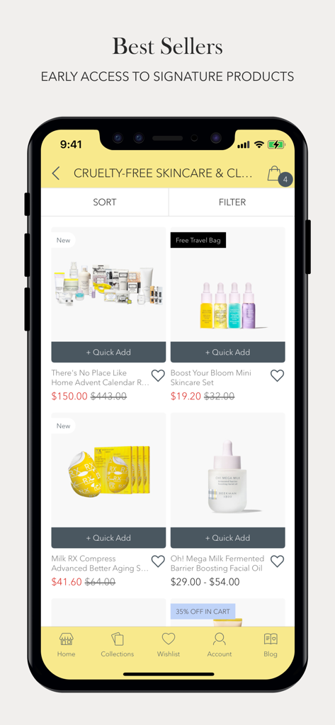 Beekman 1802 - Beekman 1802 app interface showing best selling cruelty-free skincare products and exclusive early access offers.