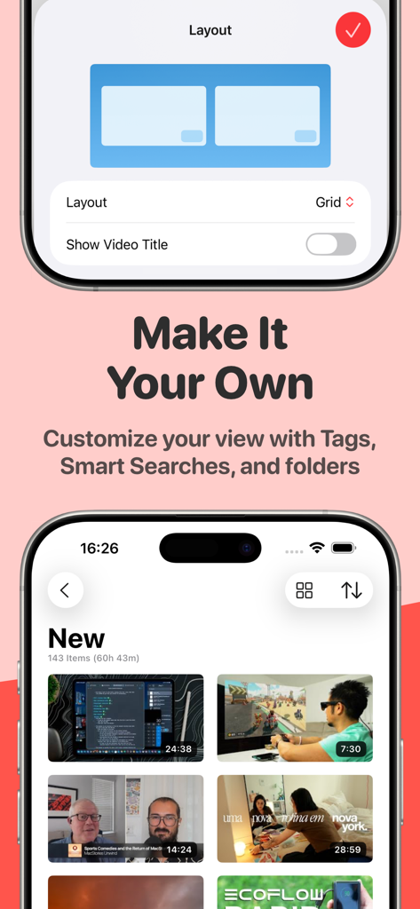 Play: Save Videos Watch Later - Eine mobile Oberfläche der Play App, die Optionen zur Anpassung des Video-Rasterlayouts und eine Galerie gespeicherter Videos zeigt