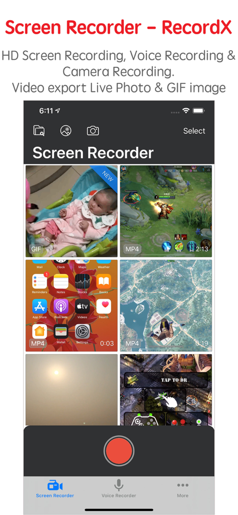 Screen Recorder RecordXのライブラリビュー。さまざまなビデオ録画と録画ボタンが表示されています。