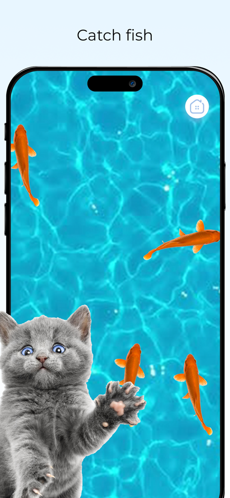 Games for Cats Cat Toy – Meow - Grey kitten playing a digital fish catching game on a smartphone screen