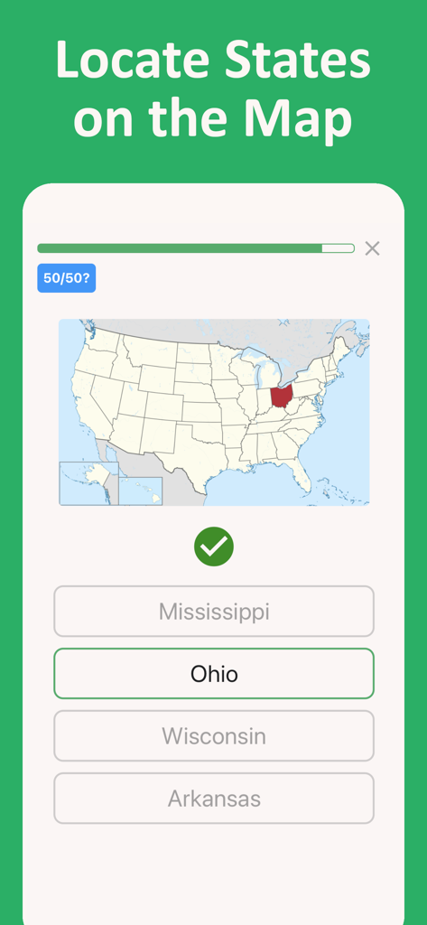 Screenshot of a US geography quiz app showing a map with Ohio highlighted and selected as the correct answer
