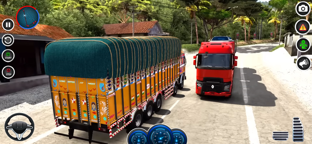 Indian Cargo Truck Driving 3D - A colorful decorated Indian truck and a red cargo truck on a mountain road in a 3D driving simulation game