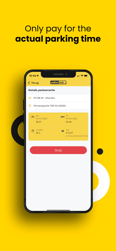 Yellowbrick Parking - Yellowbrick Parking app screen showing a parking session summary and a stop button for actual time billing.