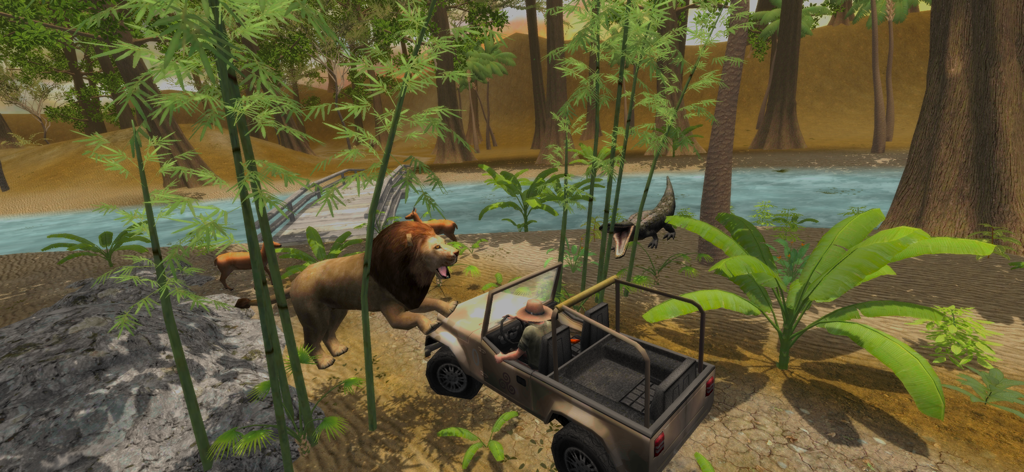 4x4 Safari: Evolution-U - A lion confronting a player in a 4x4 vehicle near a river in the safari