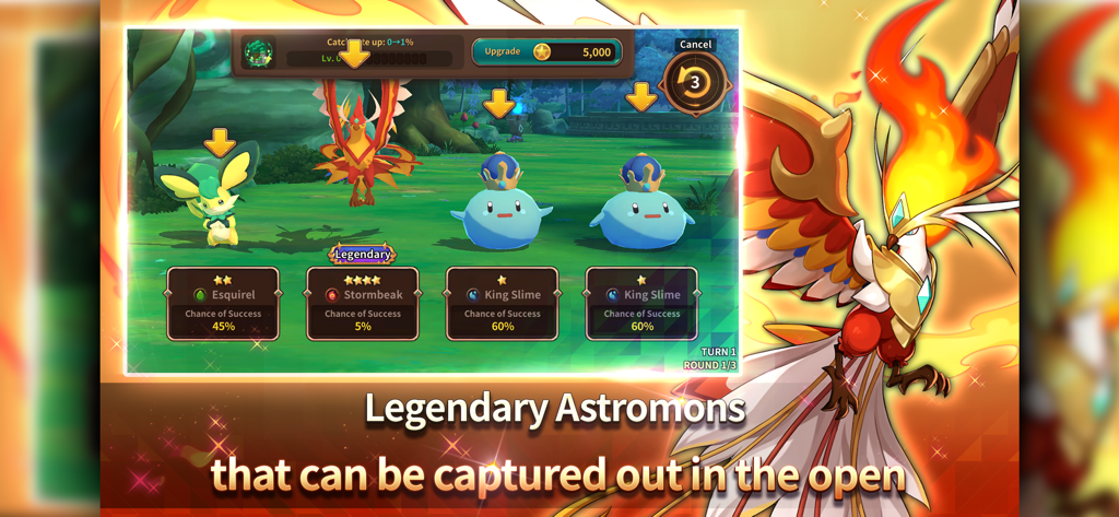Monster Super League - Monster Super League gameplay screen showing the capture of legendary and common Astromons in the wild