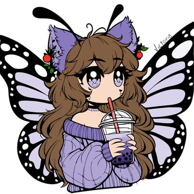 a realistic butterfly/furry girl drinking boba