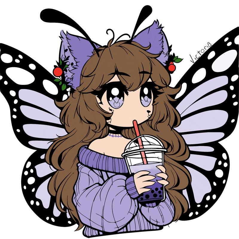 a realistic butterfly/furry girl drinking boba