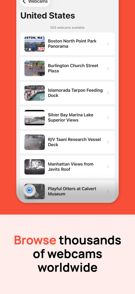 Street View 360° Panorama Maps - Mobile App-Bildschirm zeigt eine Liste von Live-Webcams in den Vereinigten Staaten, darunter Boston und Manhattan