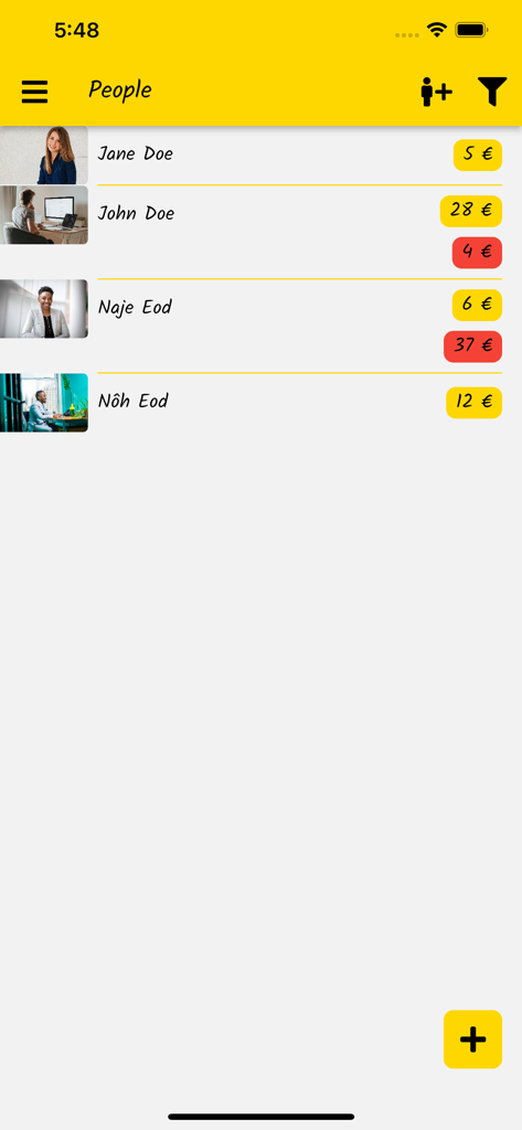 Debes: Who owes me? Do I owe? - A list of people in the Debes app showing individual debts and credits with yellow and red labels.