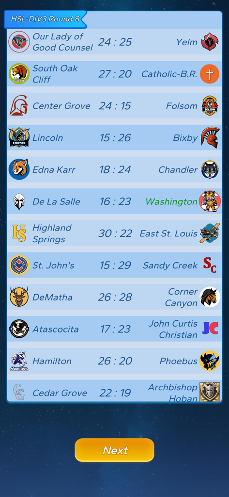 Football GOAT - Uma tela de menu mostrando uma lista de resultados de partidas da liga com logotipos de equipes e placares no Football GOAT