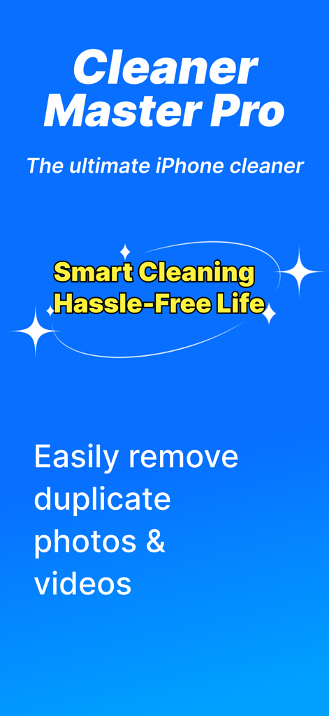 Cleaner Master Pro-Cleanup App - Pantalla de introducción de la aplicación Cleaner Master Pro destacando la limpieza inteligente del iPhone y las funciones de eliminación de fotos duplicadas