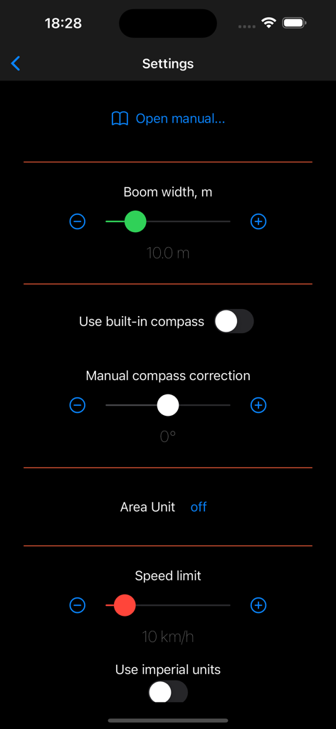 Agro Navigation - Settings menu of the Agro Navigation app showing configuration for boom width, speed limit, and compass calibration.