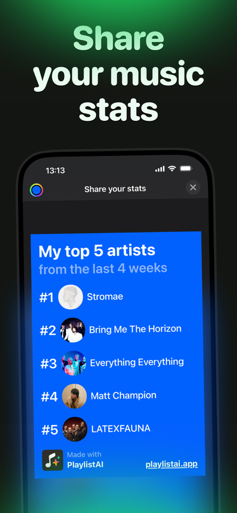 AI Playlist Maker: PlaylistAI - A mobile screen showing a list of top five music artists for sharing on social media with a headline that says Share your music stats.