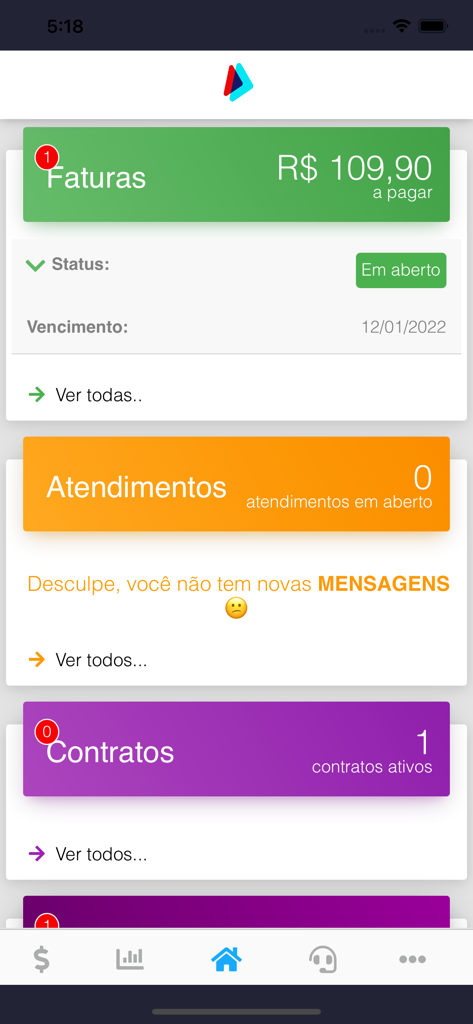 Pantalla de inicio de la aplicación móvil Provale Telecom con resumen de facturación y servicios