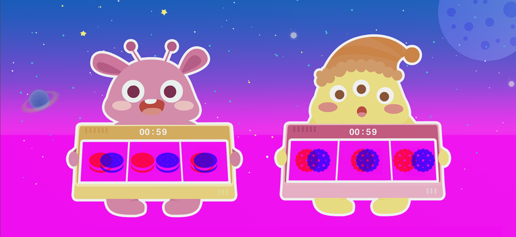 Two cartoon monsters in space holding boards for vision therapy exercises in the MIMO Flipper app