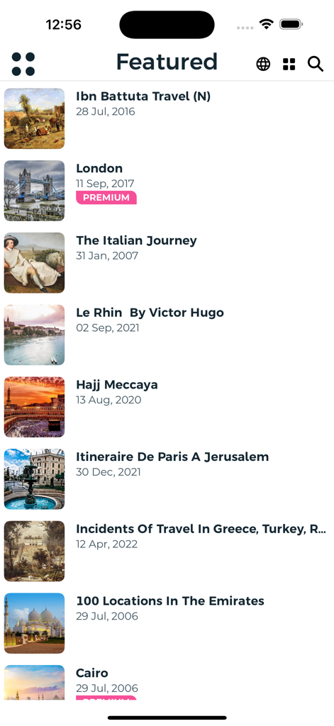 Featured list of historical and modern travel journals in the Ibn Battuta app