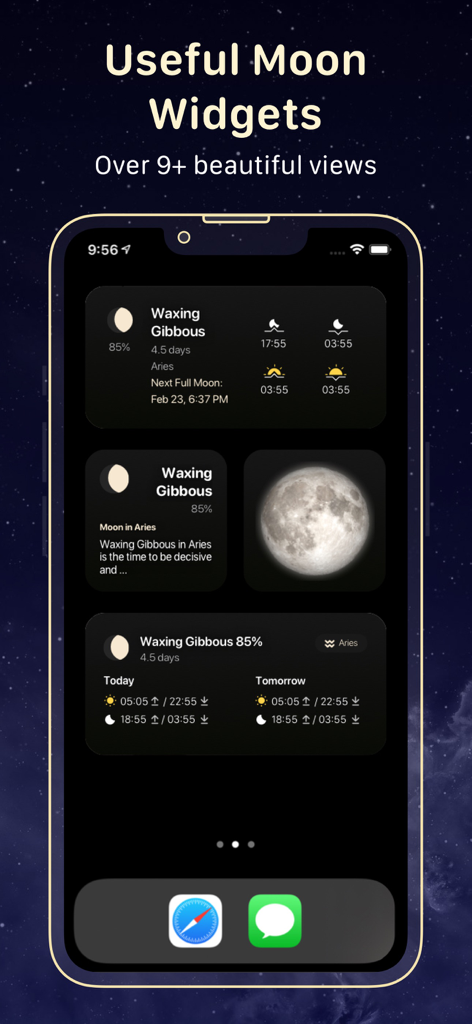 Moon Calendar — MoonX - iOSのホーム画面、月の満ち欠けと占星術データが表示された複数のMoonXアプリウィジェットが表示されています