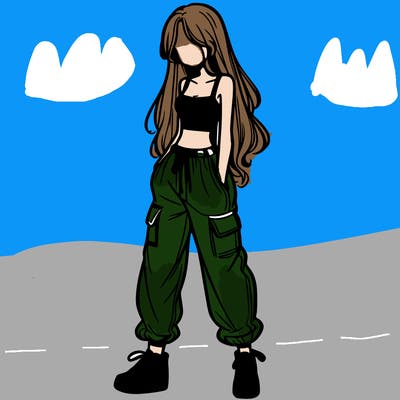 girl in baggy pants crop top and long hair