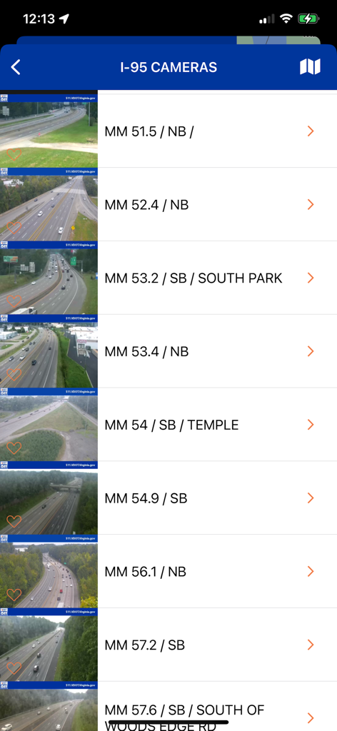 List of live I-95 traffic camera feeds in the VDOT 511 Virginia app