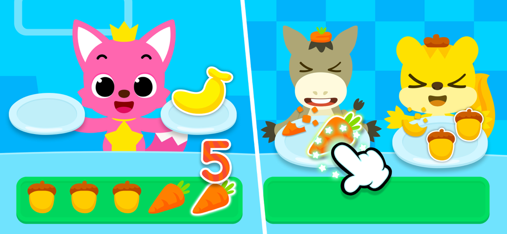 Personajes de Pinkfong enseñando a los niños a contar alimentando animales con zanahorias y bellotas en un juego de matemáticas educativo