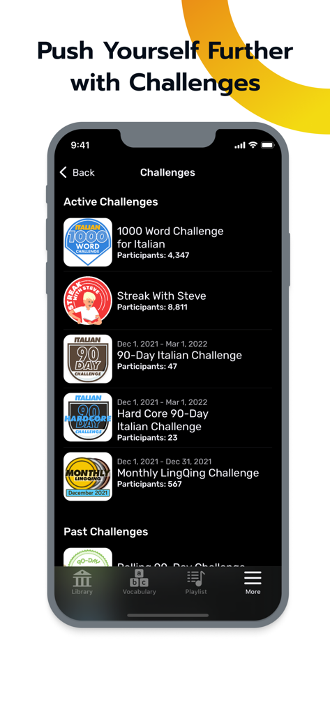 Learn Esperanto | LingQ - A screenshot of the LingQ app showing the Challenges screen with a list of active language goals and participant counts.