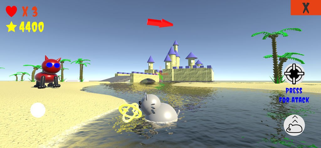 Scary cats - A 3D gameplay scene from Scary cats featuring cat characters on a tropical beach with a sandcastle in the background.