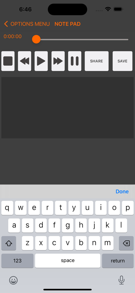 Song Note Simple - Song Note Simple app notepad screen showing songwriting text input field and audio playback controls.