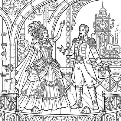 Witness the spectacular fusion of dramatic opera and intricate steampunk aesthetics in this unique coloring page. Bring to life the detailed costumes and industrial Victorian setting with your favorite colors.